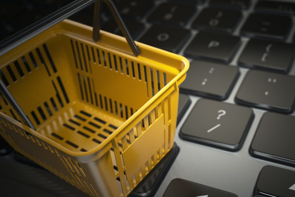 E-commerce, online shopping, internet purchases concept. Yellow